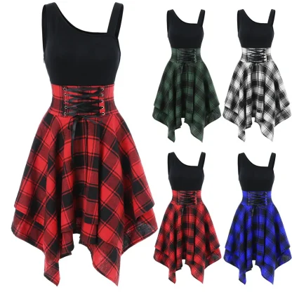 Lace-up Waist Plaid Gothic Dress - Image 6