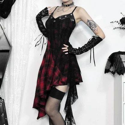 Asymmetrical Plaid Gothic Dress - Image 2