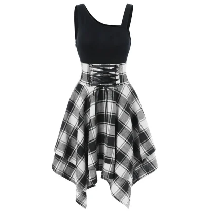 Lace-up Waist Plaid Gothic Dress - Image 4