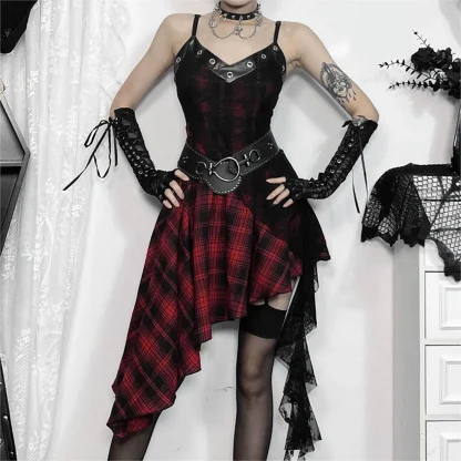 Asymmetrical Plaid Gothic Dress - Image 4
