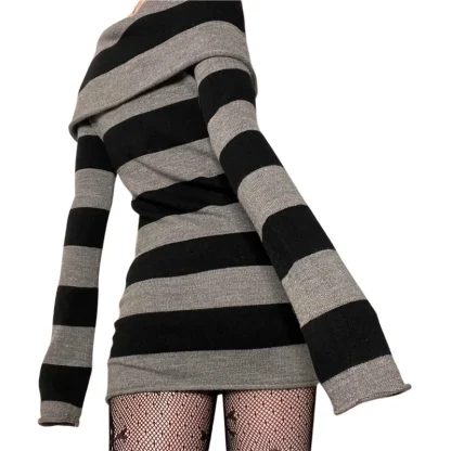 Striped Off-shoulder Gothic Dress - Image 2