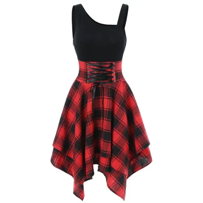 Lace-up Waist Plaid Gothic Dress - Image 3