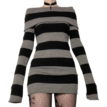 Striped Off-shoulder Gothic Dress - Image 3