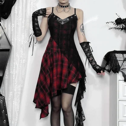 Asymmetrical Plaid Gothic Dress - Image 5