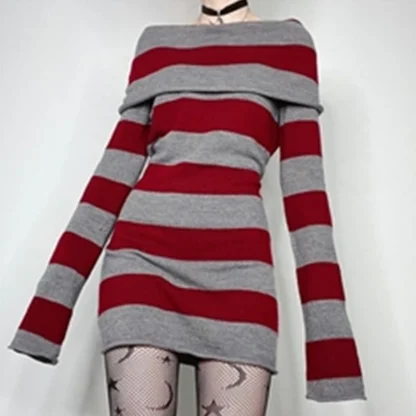 Striped Off-shoulder Gothic Dress - Image 5
