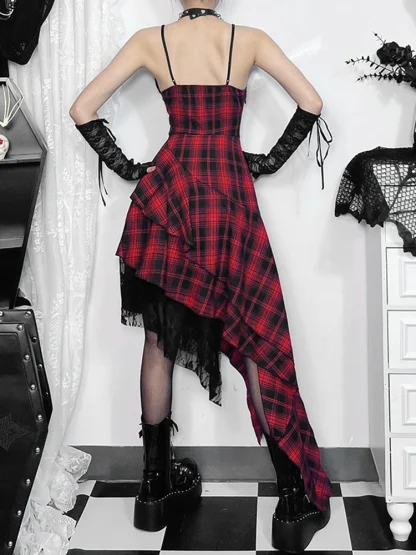 Asymmetrical Hem Plaid Gothic Dress - Image 4