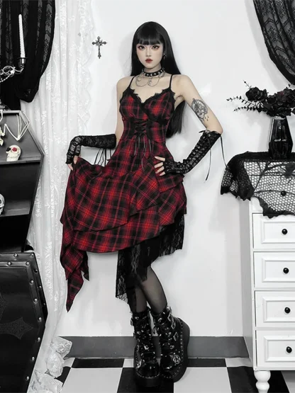 Asymmetrical Hem Plaid Gothic Dress - Image 5