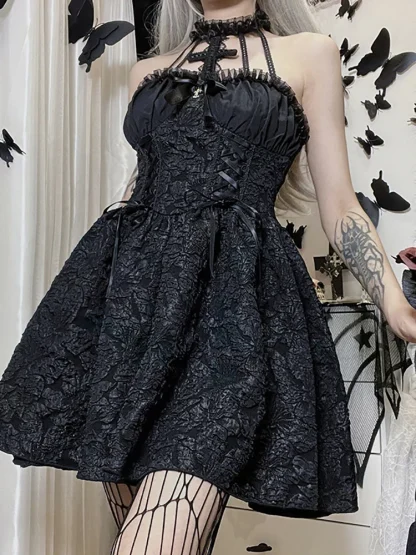 Chic Halter Lace Gothic Dress - Image 2