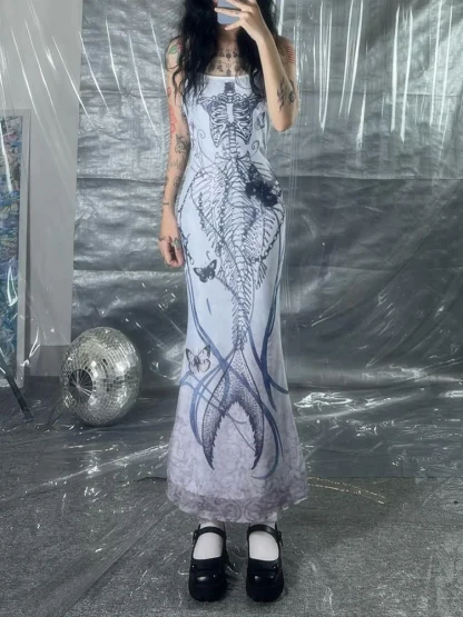 Skeleton Print Maxi Gothic Dress - Image 2