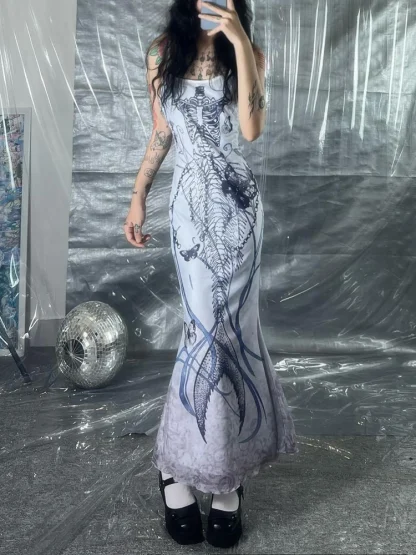 Skeleton Print Maxi Gothic Dress - Image 3