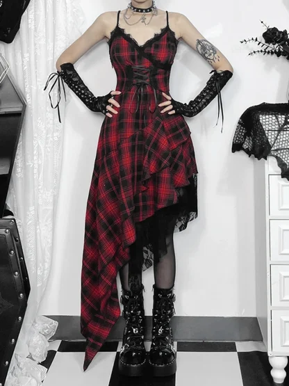 Asymmetrical Hem Plaid Gothic Dress