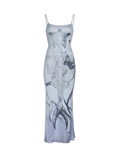 Skeleton Print Maxi Gothic Dress - Image 6