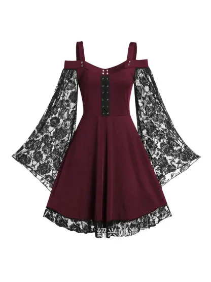 Cold-shoulder Sheer Lace Gothic Dress - Image 3