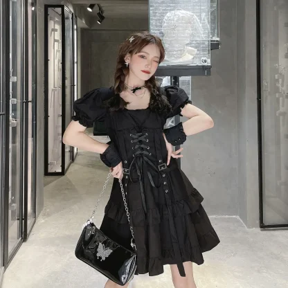 Puff Sleeve Tiered Ruffle Gothic Dress - Image 2