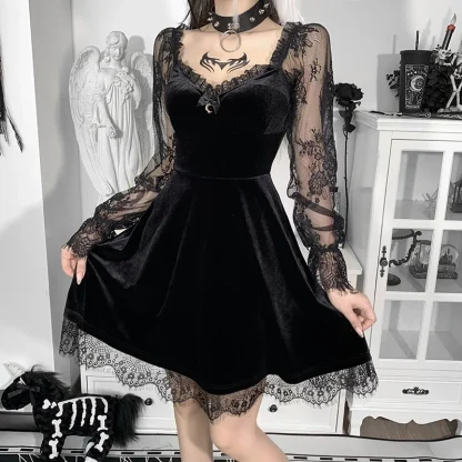 Sheer Lace Long Sleeve Gothic Dress