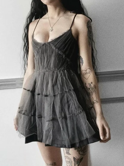 Tie-up Sleeveless Mesh Gothic Dress - Image 5
