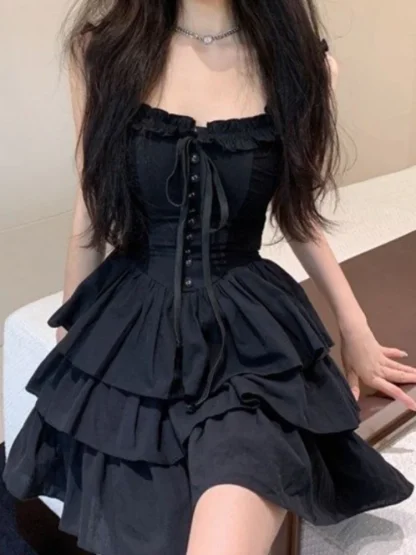 Sleeveless Tiered Ruffle Gothic Dress